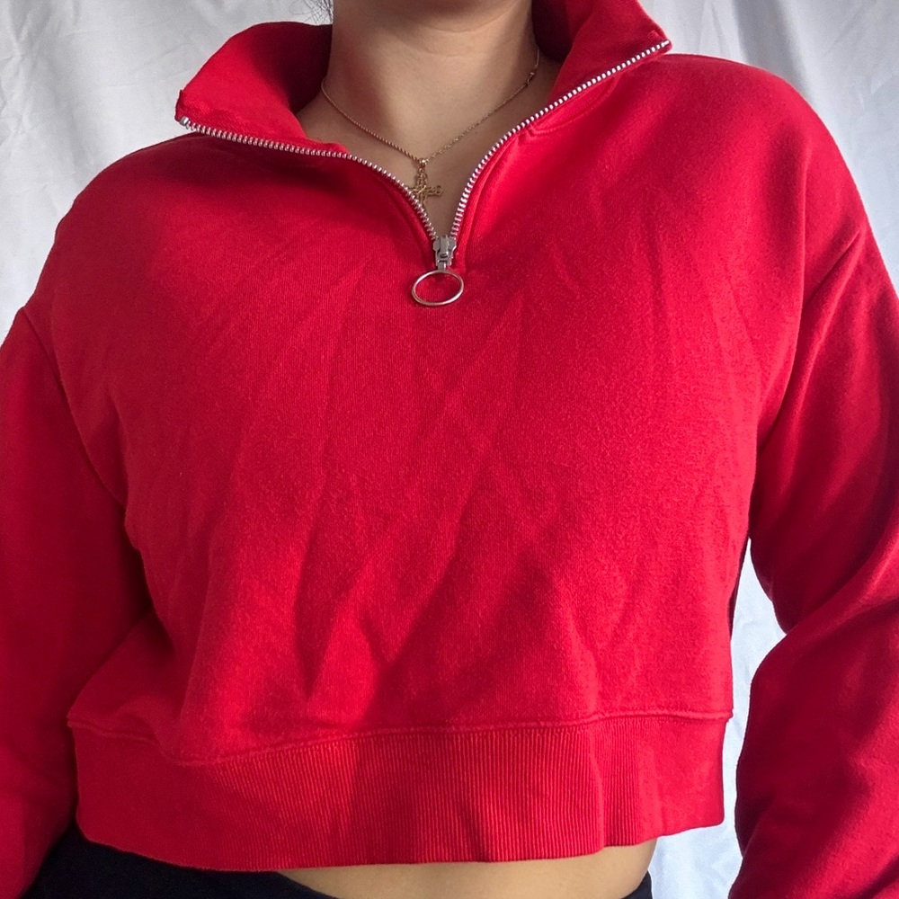 Divided Red Quarter Zip Pullover Crop Long Sleeve Top